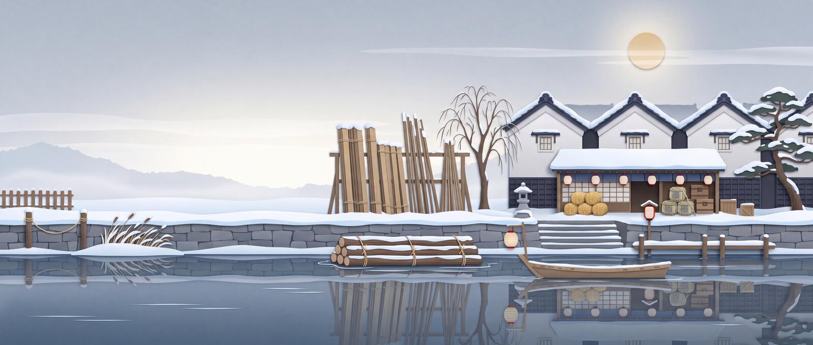 Paper-craft illustration of a timber yard on a canal after snowfall, with timber, white storehouses, straw bales and sake casks under an eave, and a boat at the landing